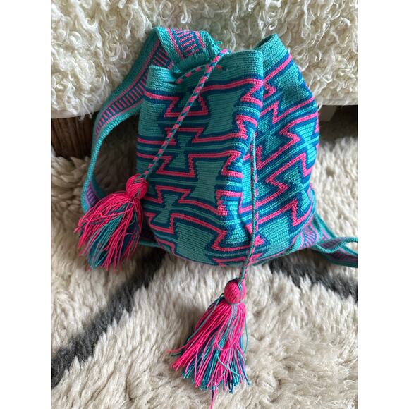 Authentic 100% Wayuu Mochila Colombian Bag cotton candy bohemian blue pink neon - Picture 5 of 16